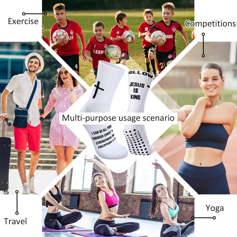 Jamntower 4 Pairs Cross Grip Soccer Socks with Bible Verse Anti Slip Religious Jesus Christian Football Sock with Rubber Dots - Image 4